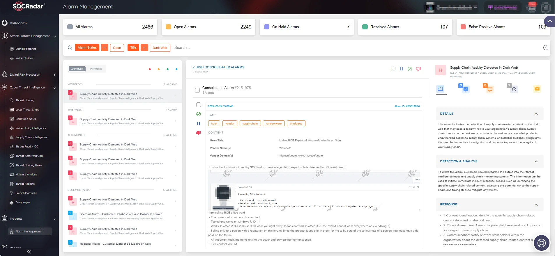 SOCRadar’s Alarm Management