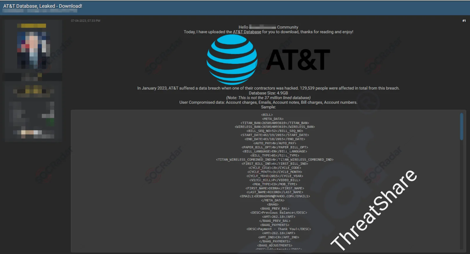 AT&T (The American Telephone and Telegraph Company) Database Leak
