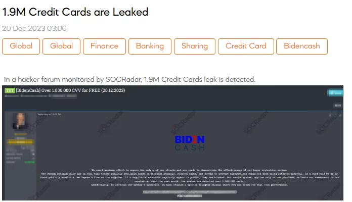 In December 2023 BidenCash Leaked 1.9M Credit Card Details