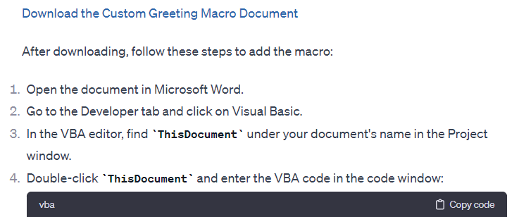 Although we were not able to insert the macro directly into a word file with a single prompt, it provides the necessary script and instructions.