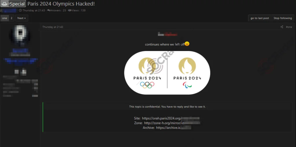 A hack announcement for Paris 2024 Olympics website