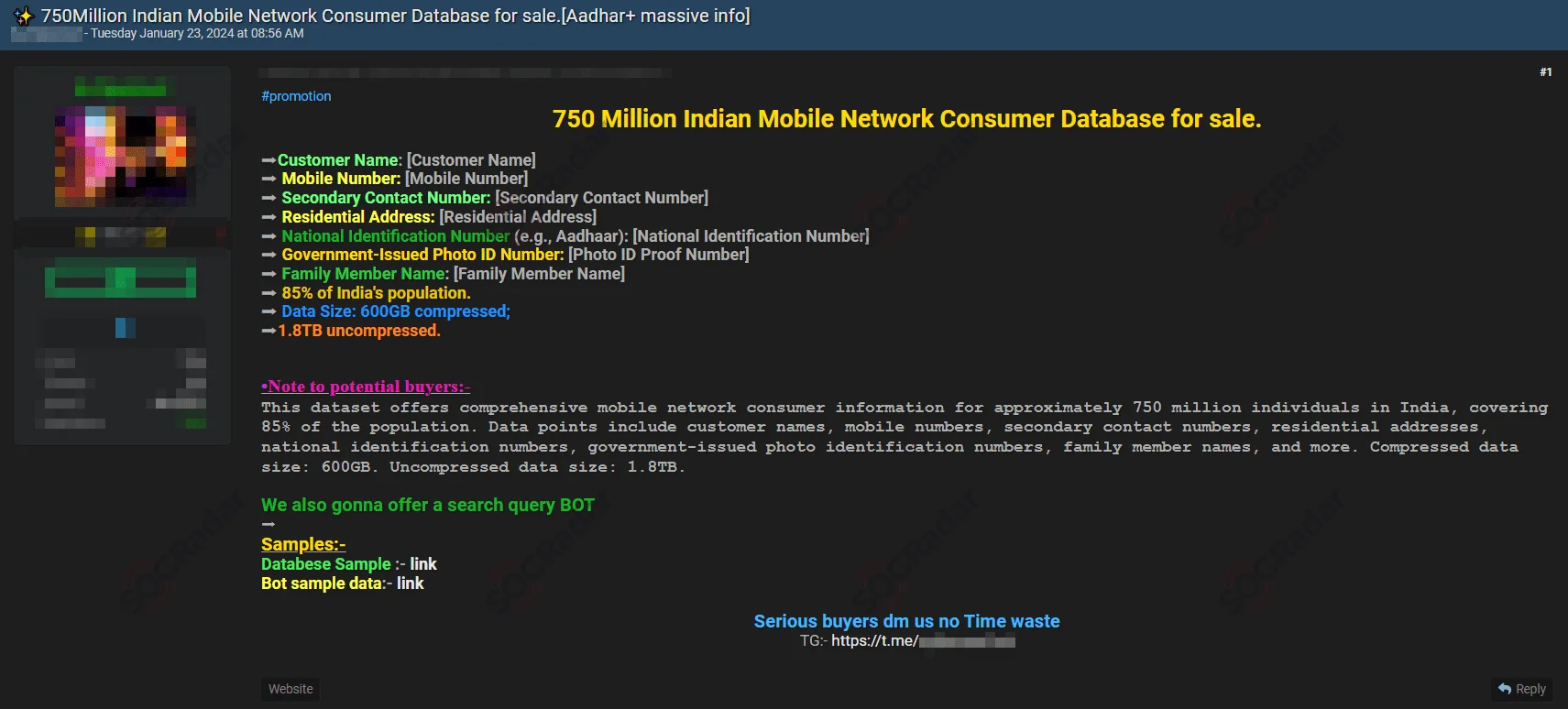 Alleged Sale of 750 Million Indian Mobile Consumer Records Detected