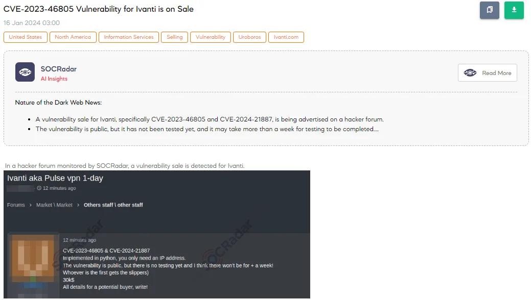 Ivanti Vulnerabilities CVE-2023-46805 and CVE-2024-21887 On Sale