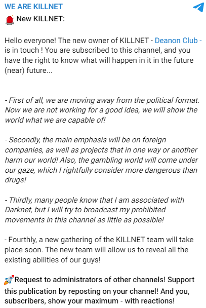 Telegram post about the leadership change, Russian Dark Web