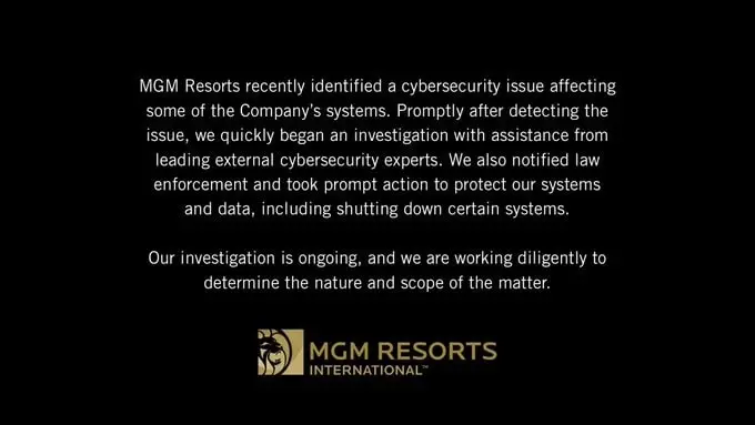MGM Resorts International’s announcement about the cyber incident (Source: APMdigest)