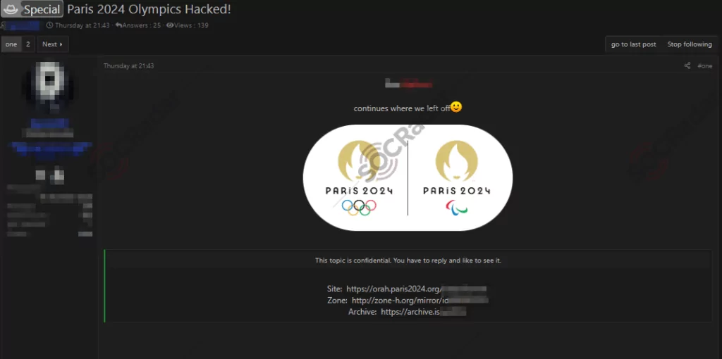 A hack announcement for Paris 2024 Olympics website, Cybersecurity 20204