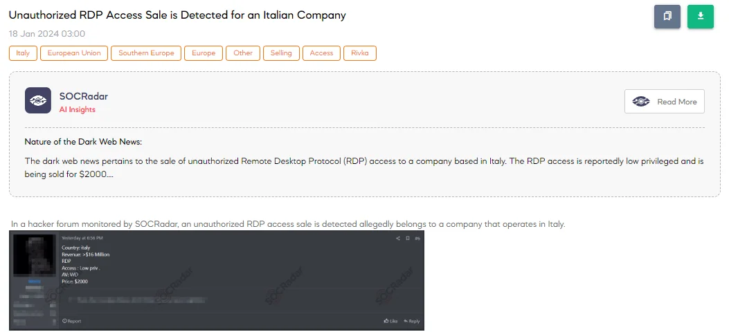Unauthorized RDP Access Sale is Detected for an Italian Company