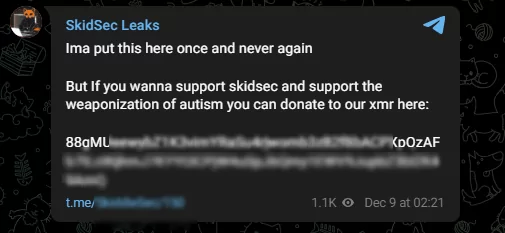 SkidSec Leaks’ donation message