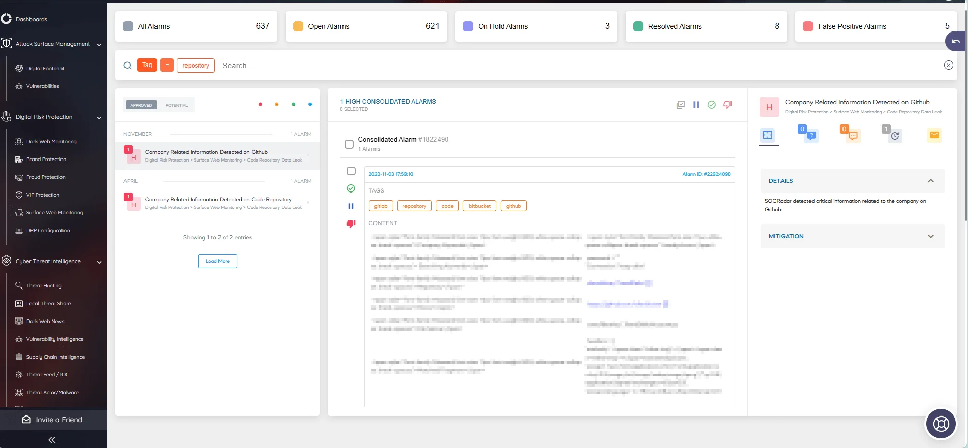 Receive alarms about code repositories on SOCRadar