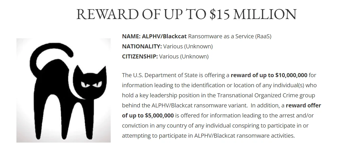 Fig. 10. Reward for Information on ALPHV/BlackCat (Source: state.gov)
