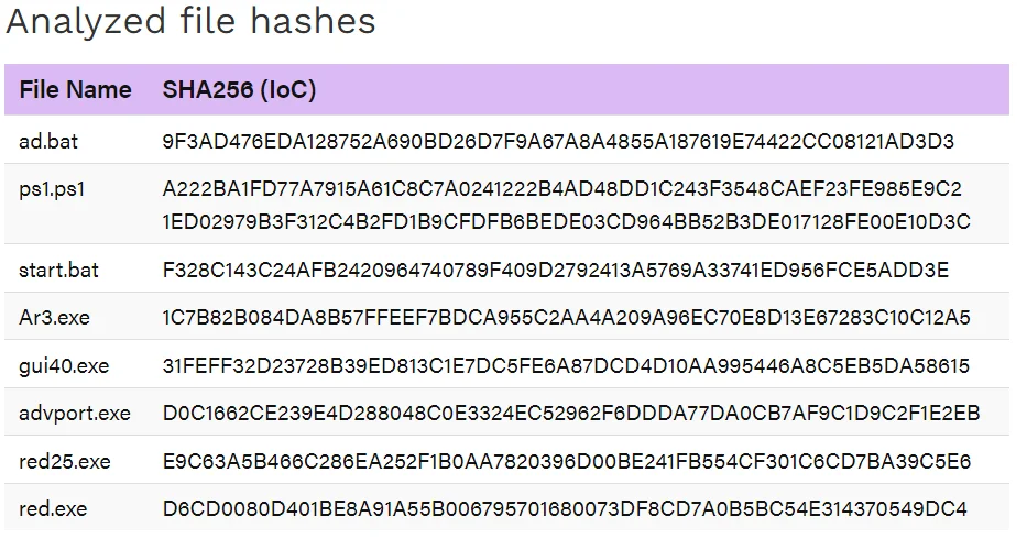 Analyzed file hashes