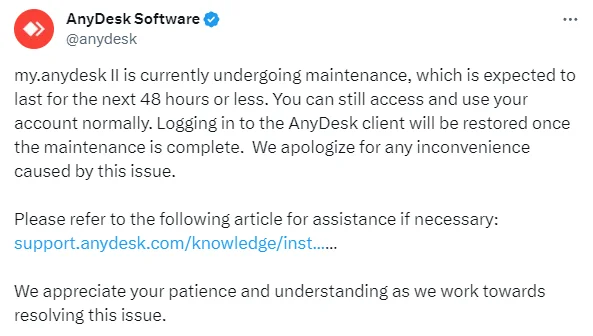 AnyDesk’s announcement for the maintenance (X)