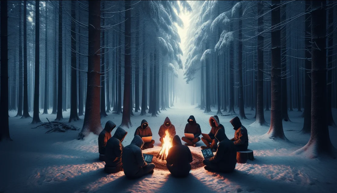 Fig.1. A scene depicting cyber threat actors sitting around a fire on a snowy day (generated using OpenAI’s DALL-E)