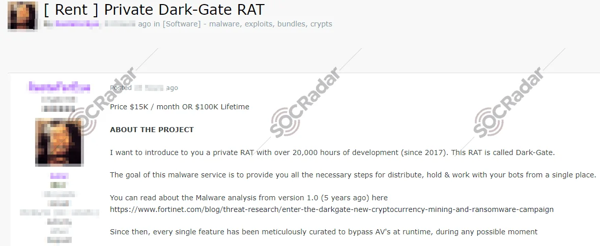 Sale of DarkGate on Russian eCrime forums