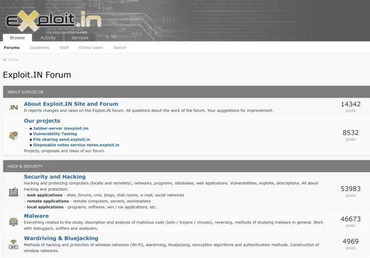 Main screen of Exploit hacker forum