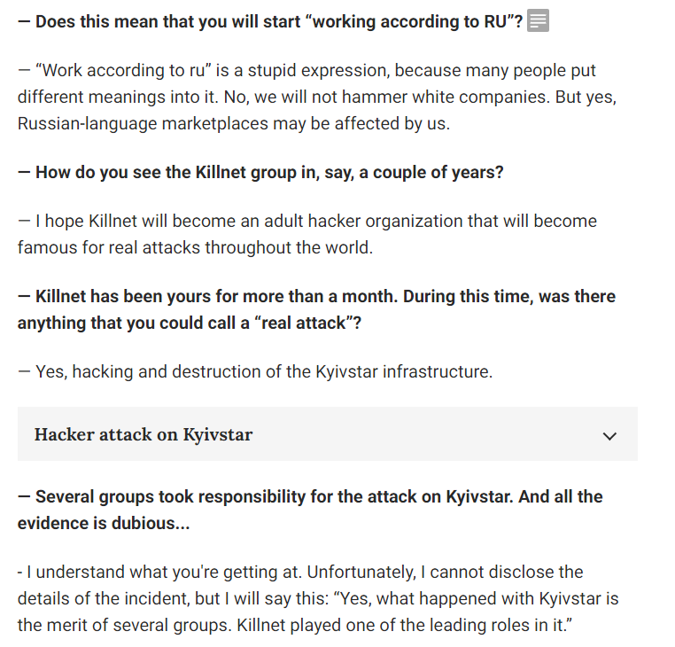 Claiming responsibility for Kyivstar attack ,translated to English from Russian by Google Translate