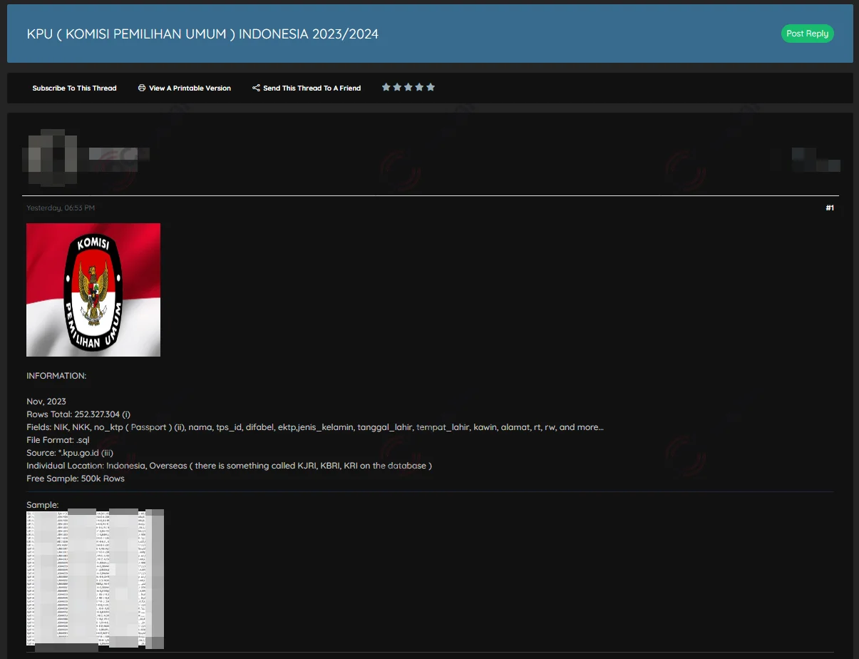 In a hacker forum monitored by SOCRadar, a new alleged database sale is detected for KPU / General Elections Commission of Indonesia.