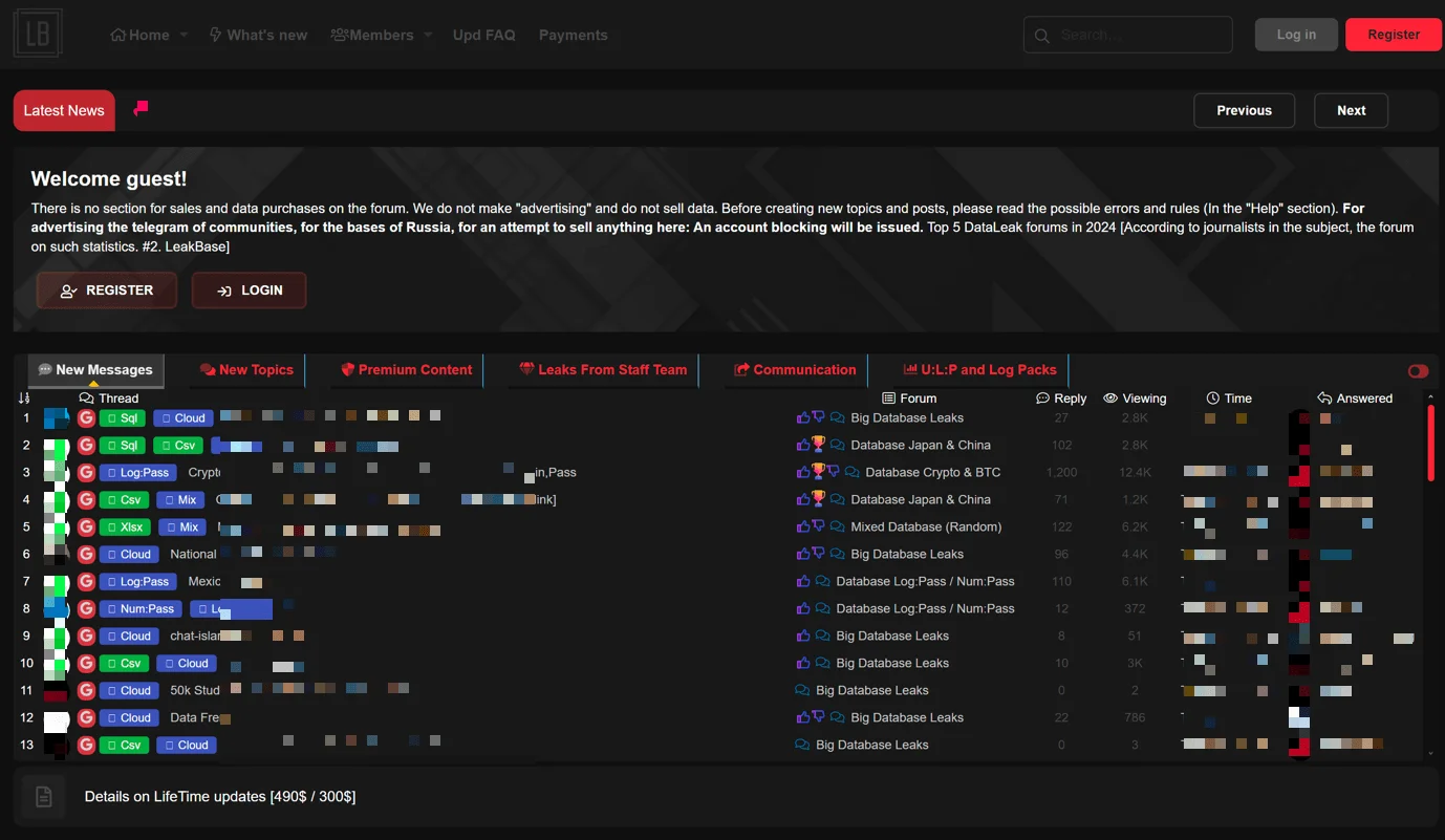 Main Page of LeakBase