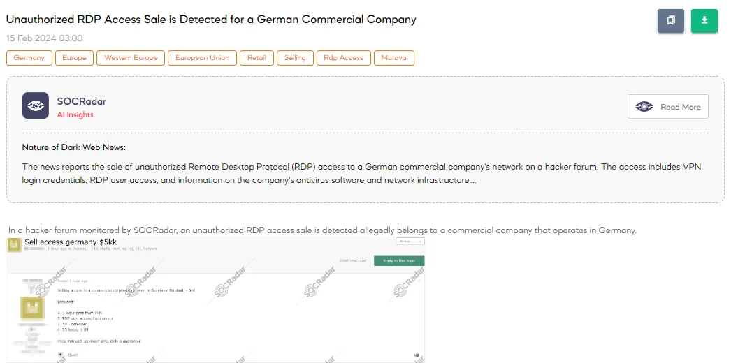 Unauthorized RDP Access Sale is Detected for a German Commercial Company