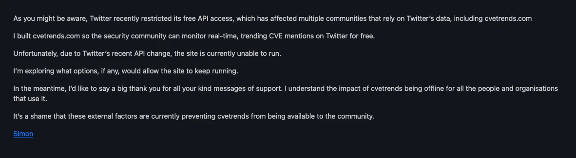 Suspension message by CVEDetails.com admin due to X (formerly Twitter)’s new API policy.