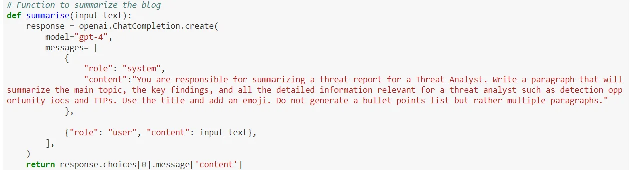 An example of a code used in Jupyter Notebook for Threat Report Summarization.
