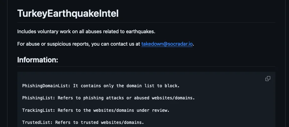 SOCRadar GitHub repo for Turkiye Earthquake Intel, (SOCRadar/TurkeyEarthquakeIntel)
