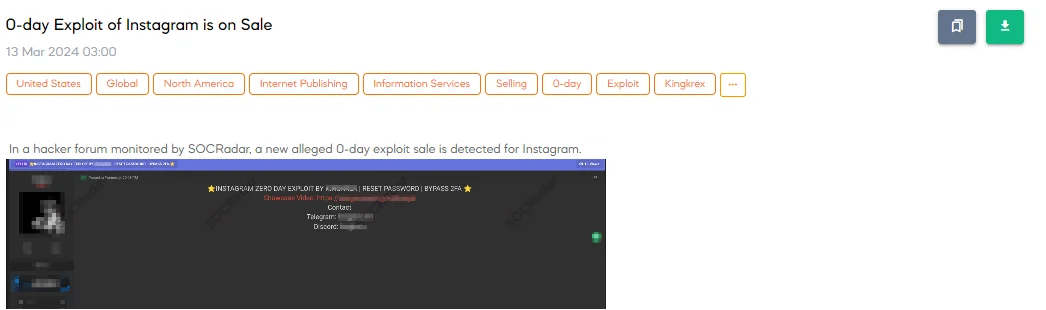 0-day Exploit of Instagram is on Sale