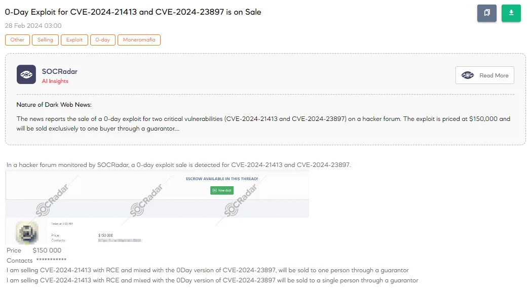 0-Day Exploit for CVE-2024-21413 and CVE-2024-23897 is on Sale