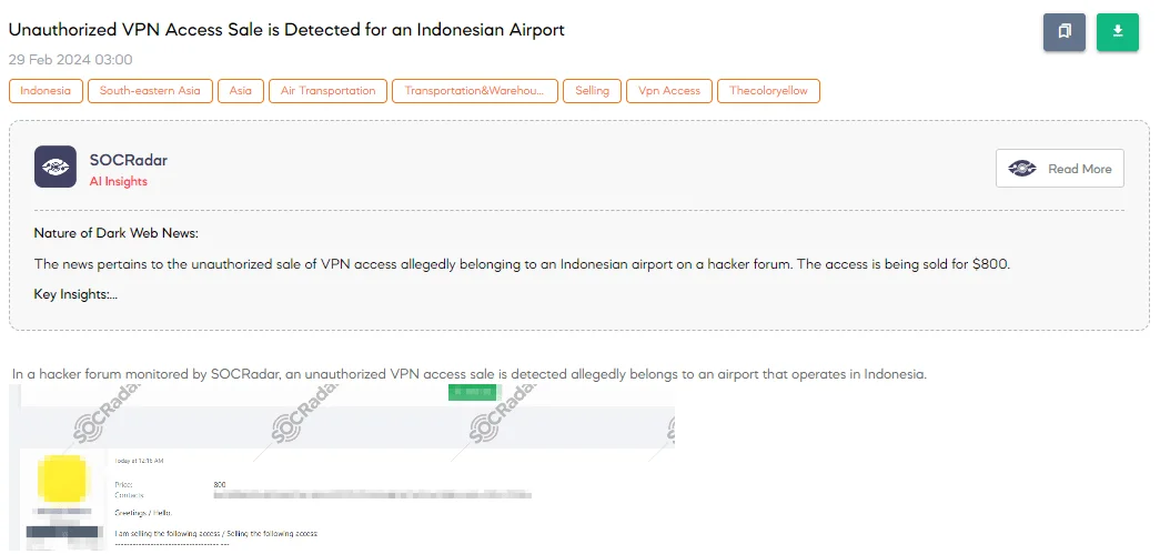 Unauthorized VPN Access Sale is Detected for an Indonesian Airport