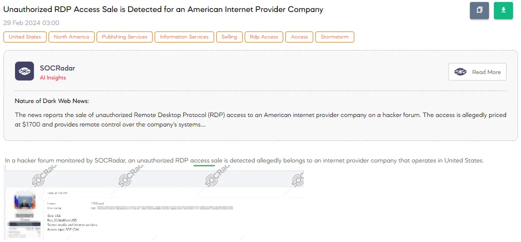 Unauthorized RDP Access Sale is Detected for an American Internet Provider Company