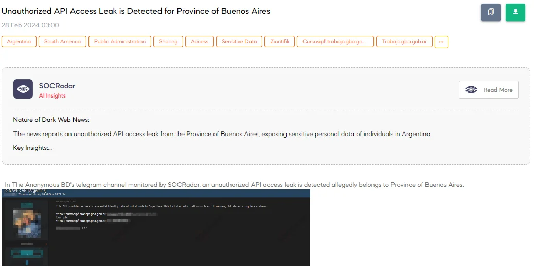Unauthorized API Access Leak is Detected for Province of Buenos Aires