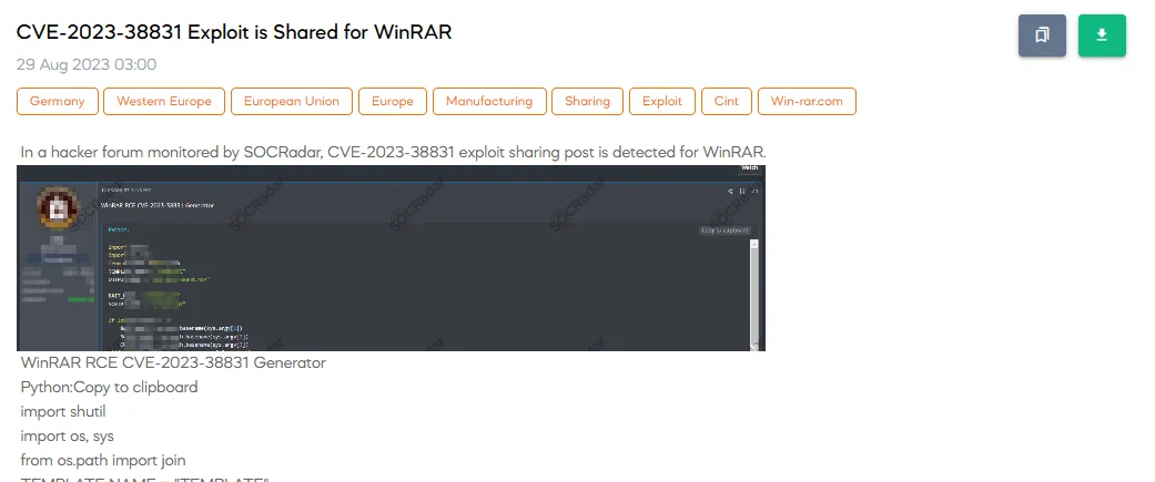 CVE-2023-38831 exploit is shared for WinRAR (SOCRadar Dark Web News)