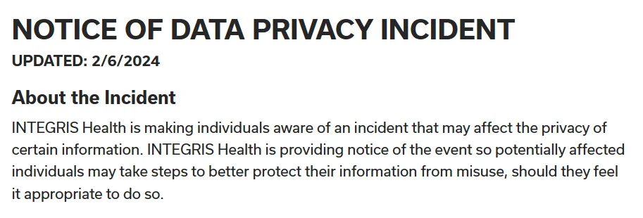 Notice of data privacy incident (Integris Health)