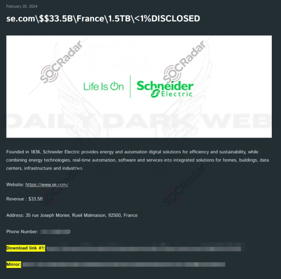 Schneider Electric leak post on Cactus Ransomware’s site. (SOCRadar Dark Web News)