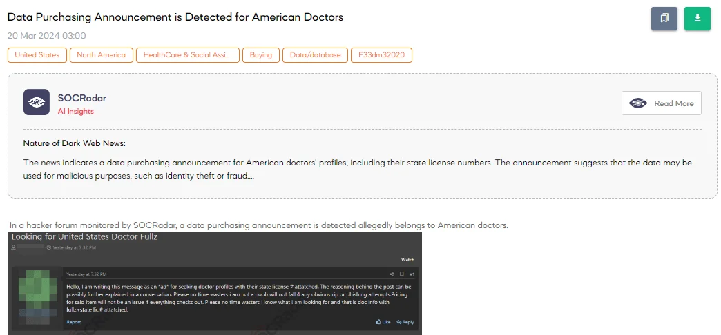 Data Purchasing Announcement is Detected for American Doctors