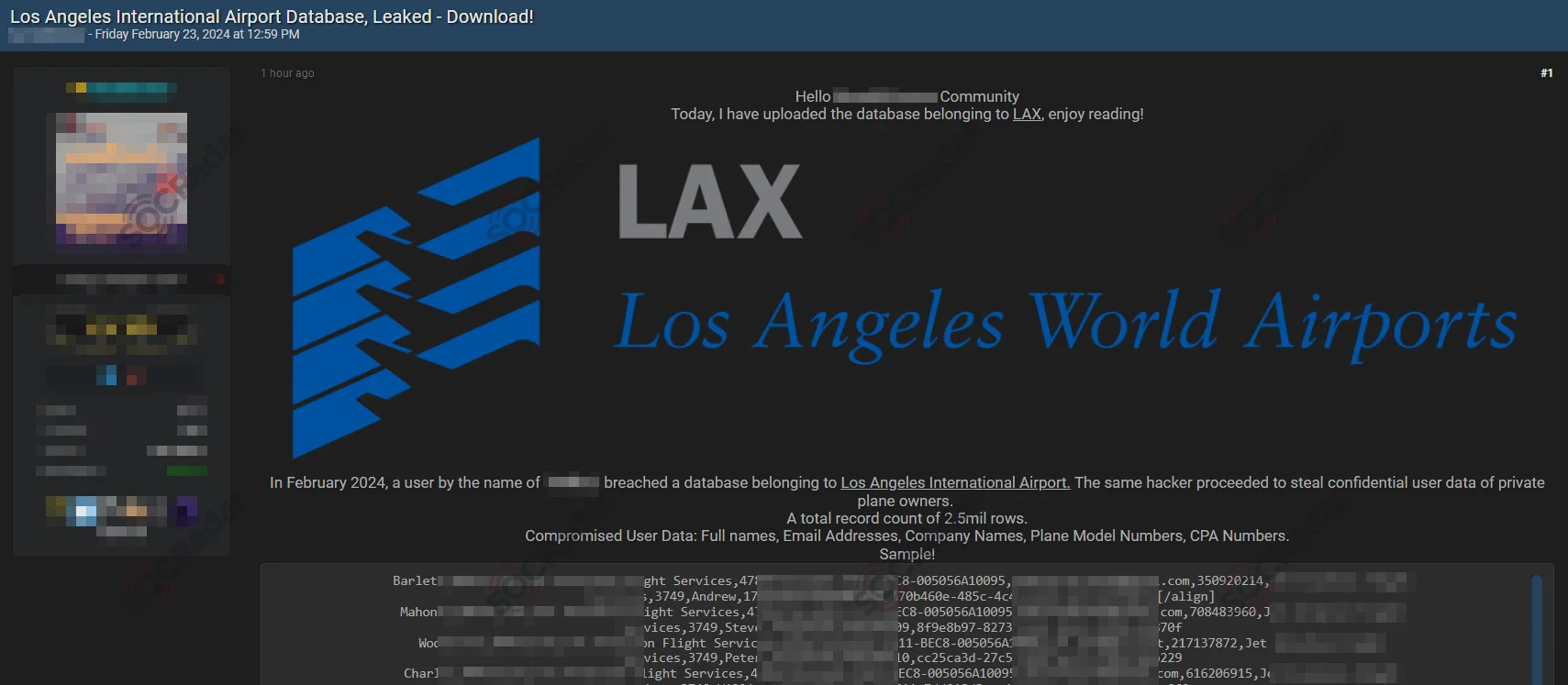 The LAX breach post on the hacker forum (SOCRadar Dark Web News)