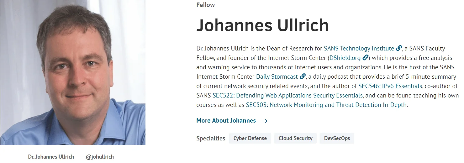 Johannes Ullrich SANS profile