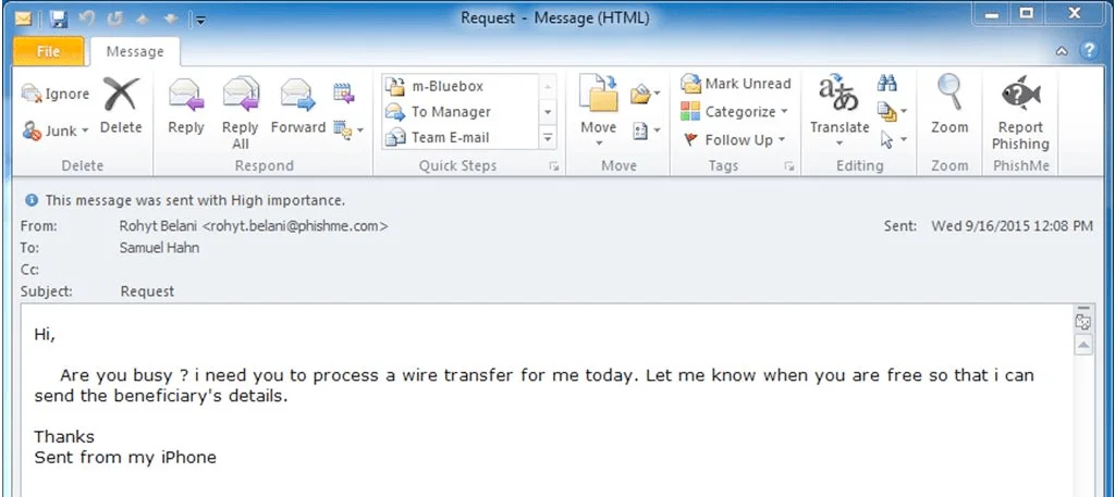 An example of a malicious email sent by an attacker on behalf of a company CEO.