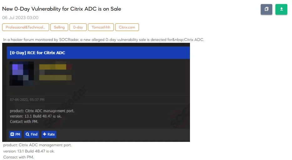 New 0-day vulnerability for Citrix ADC is on sale (SOCRadar Dark Web News)