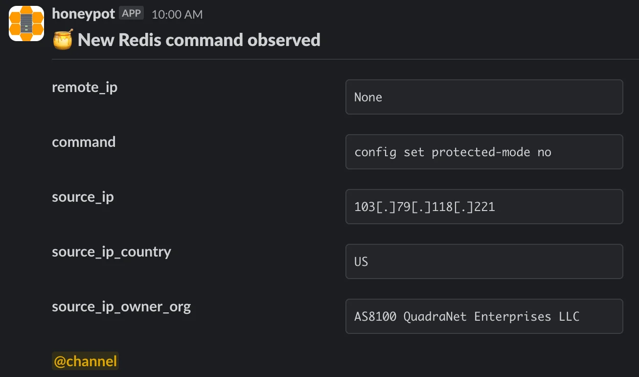 Command to disable protected mode, observed by a Redis honeypot sensor