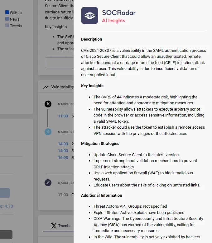 The AI insights feature of SOCRadar Vulnerability Intelligence.
