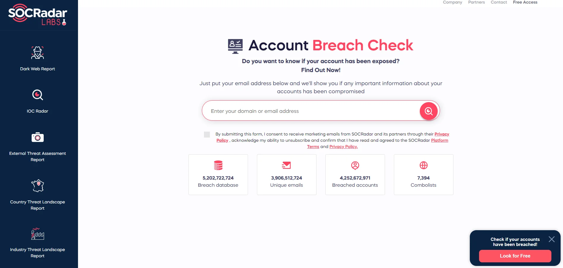 SOCRadar Labs, Account Breach Check