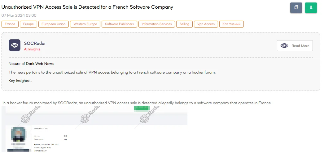 Unauthorized VPN Access Sale is Detected for a French Software Company