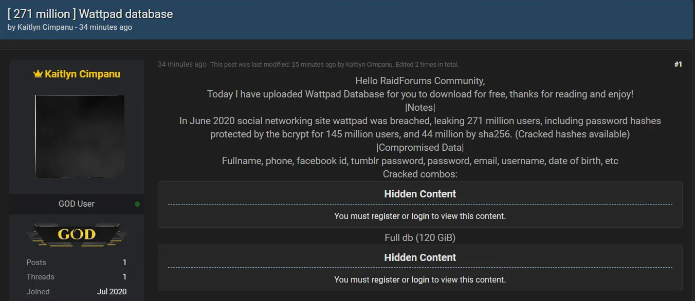 Leak of Wattpad data breached by ShinyHunters on a hacker forum. (BleepingComputer)