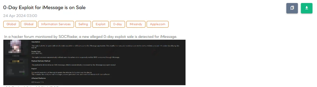0-Day Exploit for iMessage is on Sale