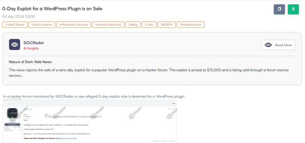 0-Day Exploit for a WordPress Plugin is on Sale