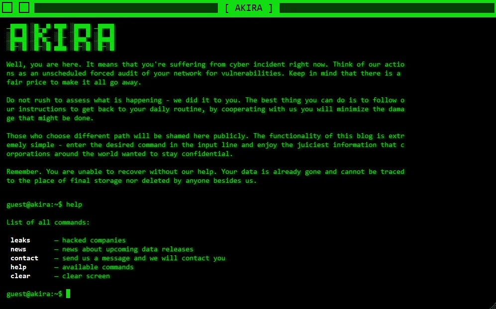 Akira’s data leak site, home page