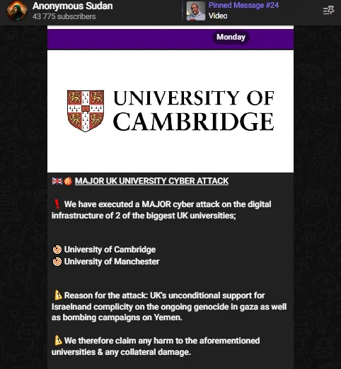 One month later, they claimed responsibility for a DDoS attack aimed at top UK academic institutions. 