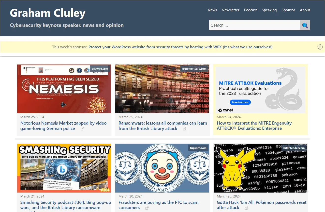 Graham Cluley site main page