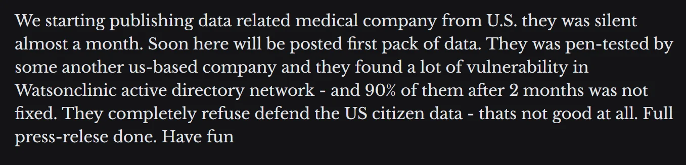 About one of their latest victims, a Healthcare company’s alleged data has been published, nothing about encryption or ransomware was mentioned.